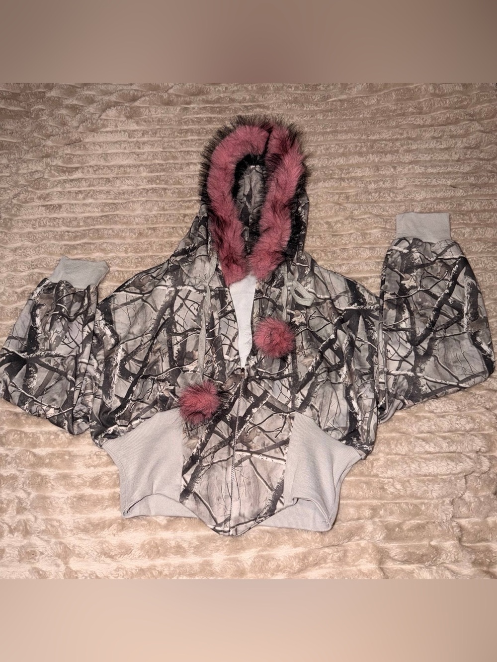 Camo Print Hoodie Jacket with Pink Faux Fur Trim